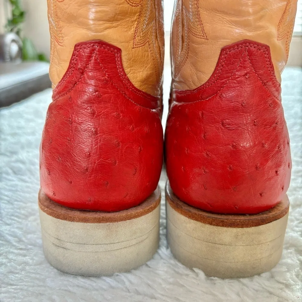 Rudy Lara Genuine Ostrich skin 2Tone Red/Cognac Leather Women’s Western Boots 7